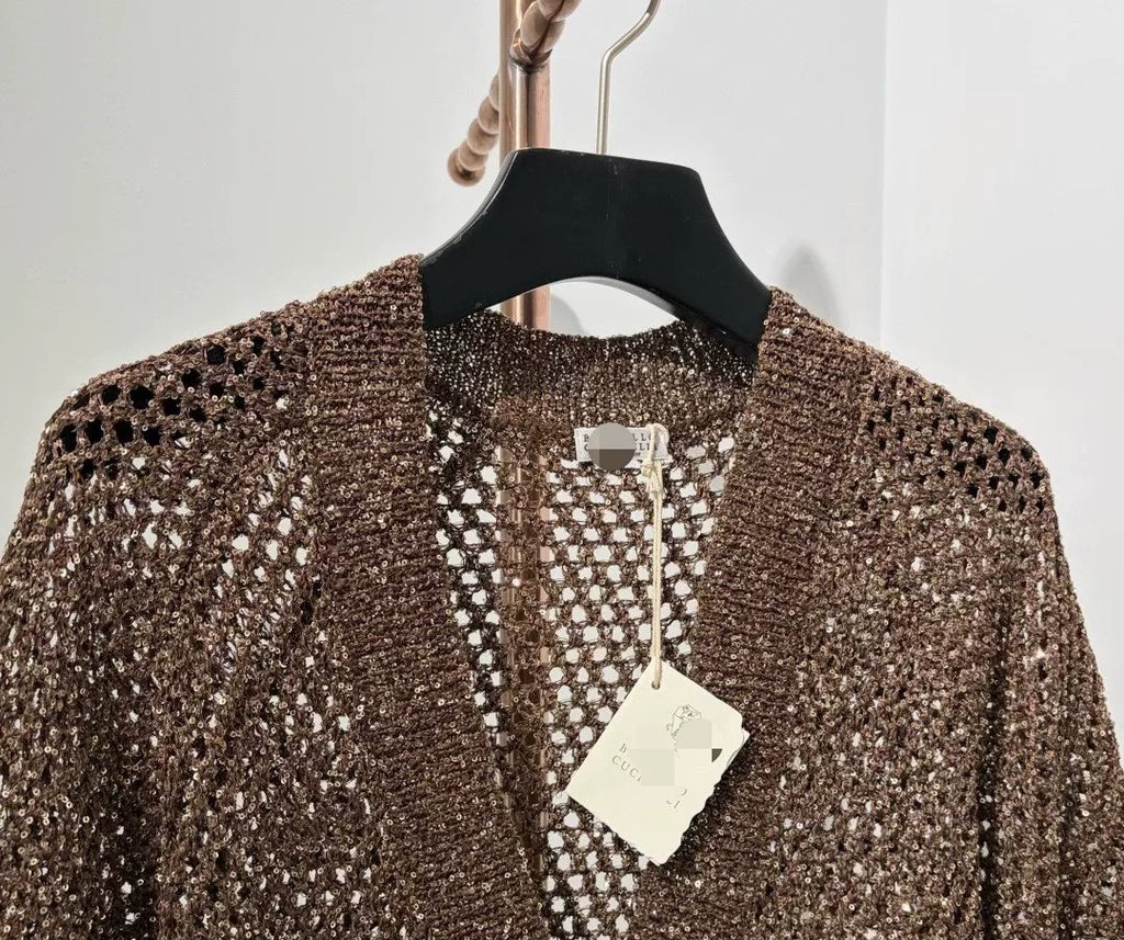 Open-Knit Sequin V-Neck Cashmere Blend Cardigan | 1480370