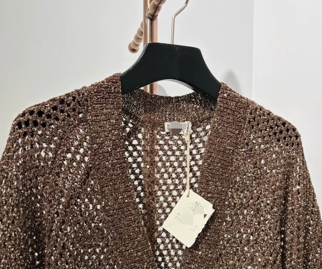 Open-Knit Sequin V-Neck Cashmere Blend Cardigan | 1480370