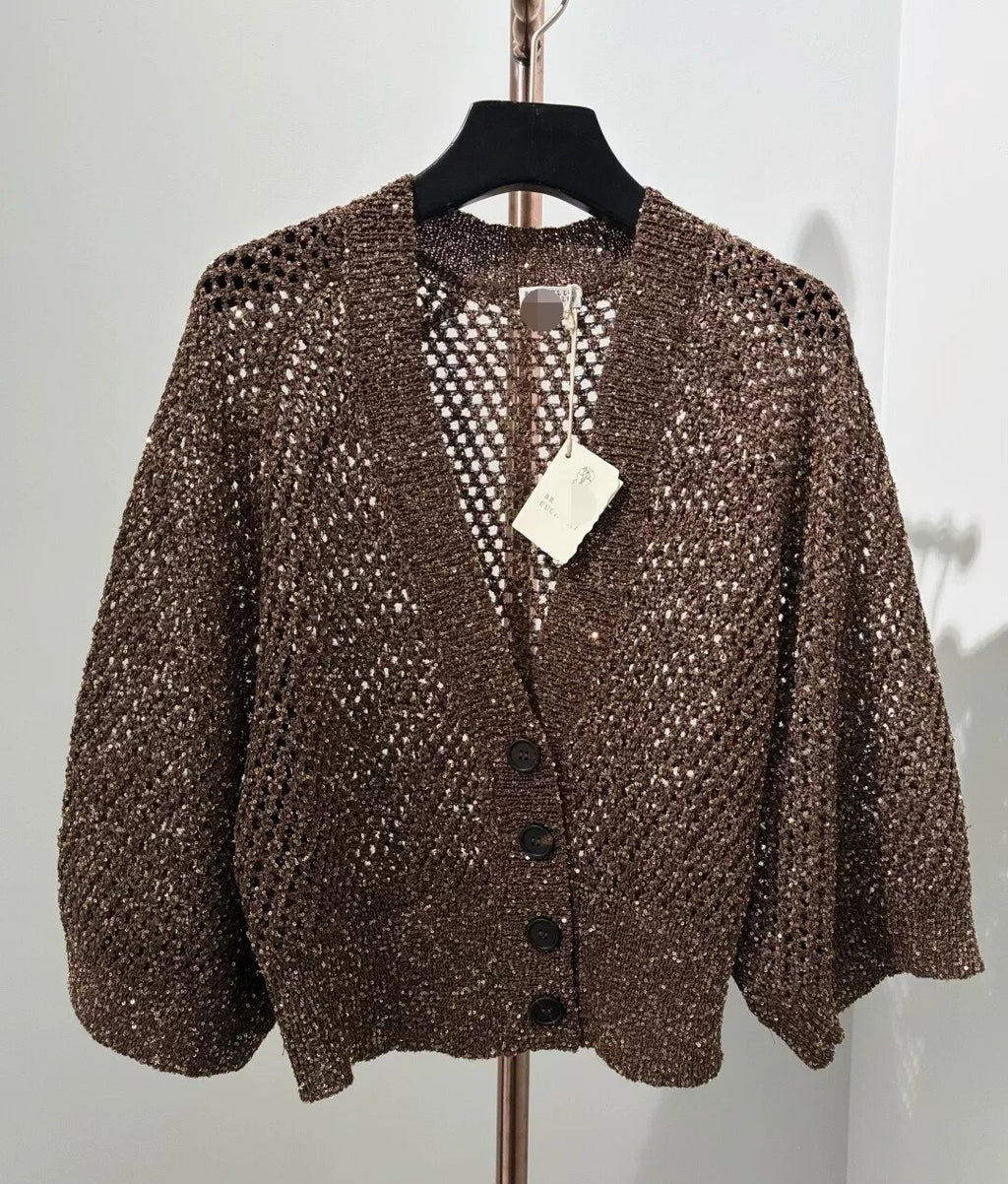 Open-Knit Sequin V-Neck Cashmere Blend Cardigan | 1480370