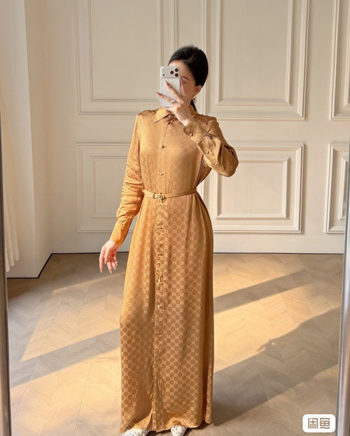 Monogram Belted Shirt Dress | Brown &amp; Yellow | S · M · L