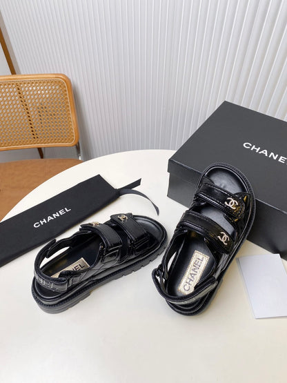 CHA*NE*L 2024 C-Buckle Velcro Furry Beach Sandals