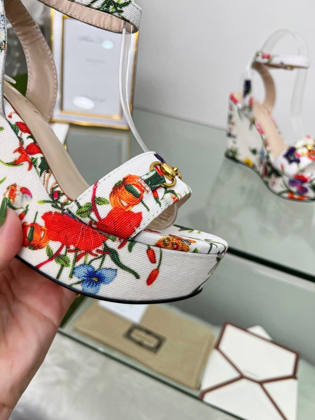 Gu*cc*i's Flower, Bird & Cordyceps Wedge Sandals