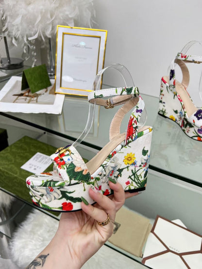 Gu*cc*i's Flower, Bird & Cordyceps Wedge Sandals