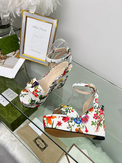 Gu*cc*i's Flower, Bird & Cordyceps Wedge Sandals