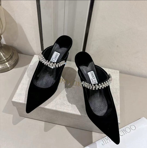 Velvet Rhinestone Strap Pointed-Toe Heeled Sandals | Wedding Mules