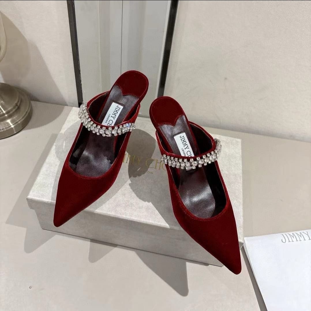 Velvet Rhinestone Strap Pointed-Toe Heeled Sandals | Wedding Mules
