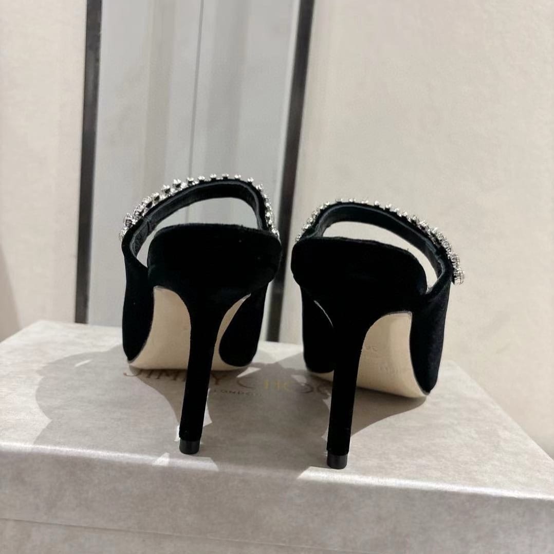 Velvet Rhinestone Strap Pointed-Toe Heeled Sandals | Wedding Mules