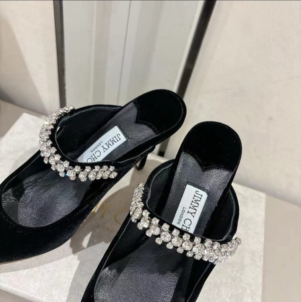 Velvet Rhinestone Strap Pointed-Toe Heeled Sandals | Wedding Mules