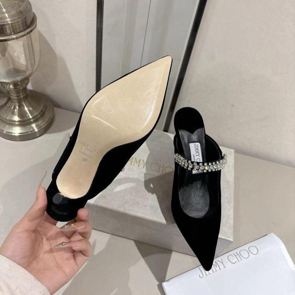 Velvet Rhinestone Strap Pointed-Toe Heeled Sandals | Wedding Mules