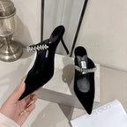 Velvet Rhinestone Strap Pointed-Toe Heeled Sandals | Wedding Mules