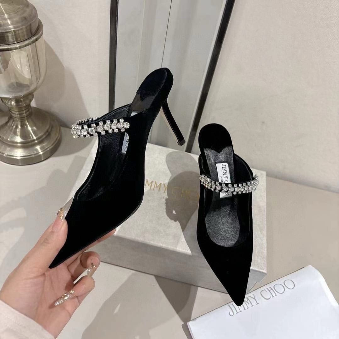 Velvet Rhinestone Strap Pointed-Toe Heeled Sandals | Wedding Mules