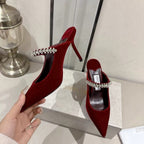 Velvet Rhinestone Strap Pointed-Toe Heeled Sandals | Wedding Mules