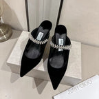 Velvet Rhinestone Strap Pointed-Toe Heeled Sandals | Wedding Mules