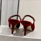 Velvet Rhinestone Strap Pointed-Toe Heeled Sandals | Wedding Mules