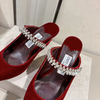 Velvet Rhinestone Strap Pointed-Toe Heeled Sandals | Wedding Mules