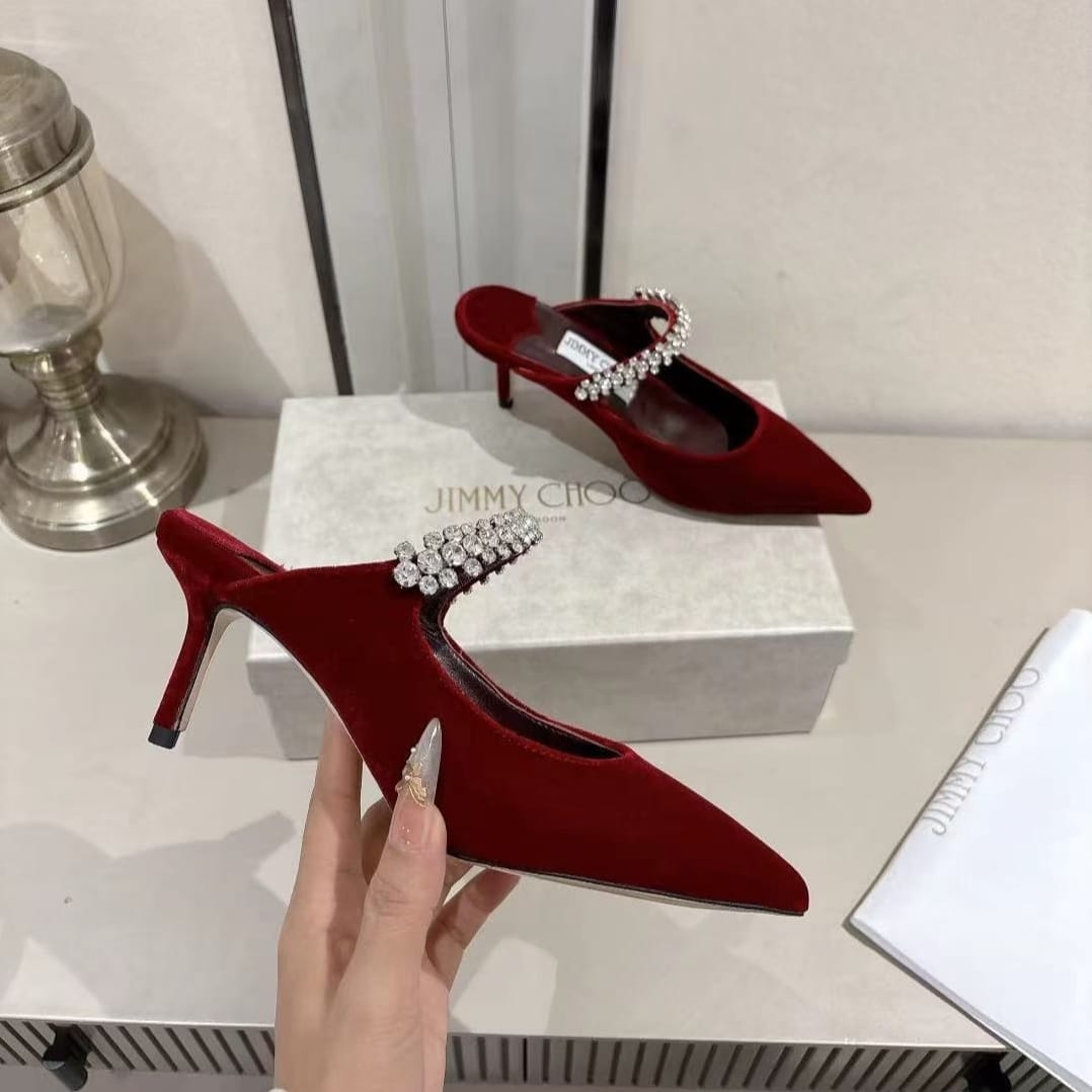 Velvet Rhinestone Strap Pointed-Toe Heeled Sandals | Wedding Mules