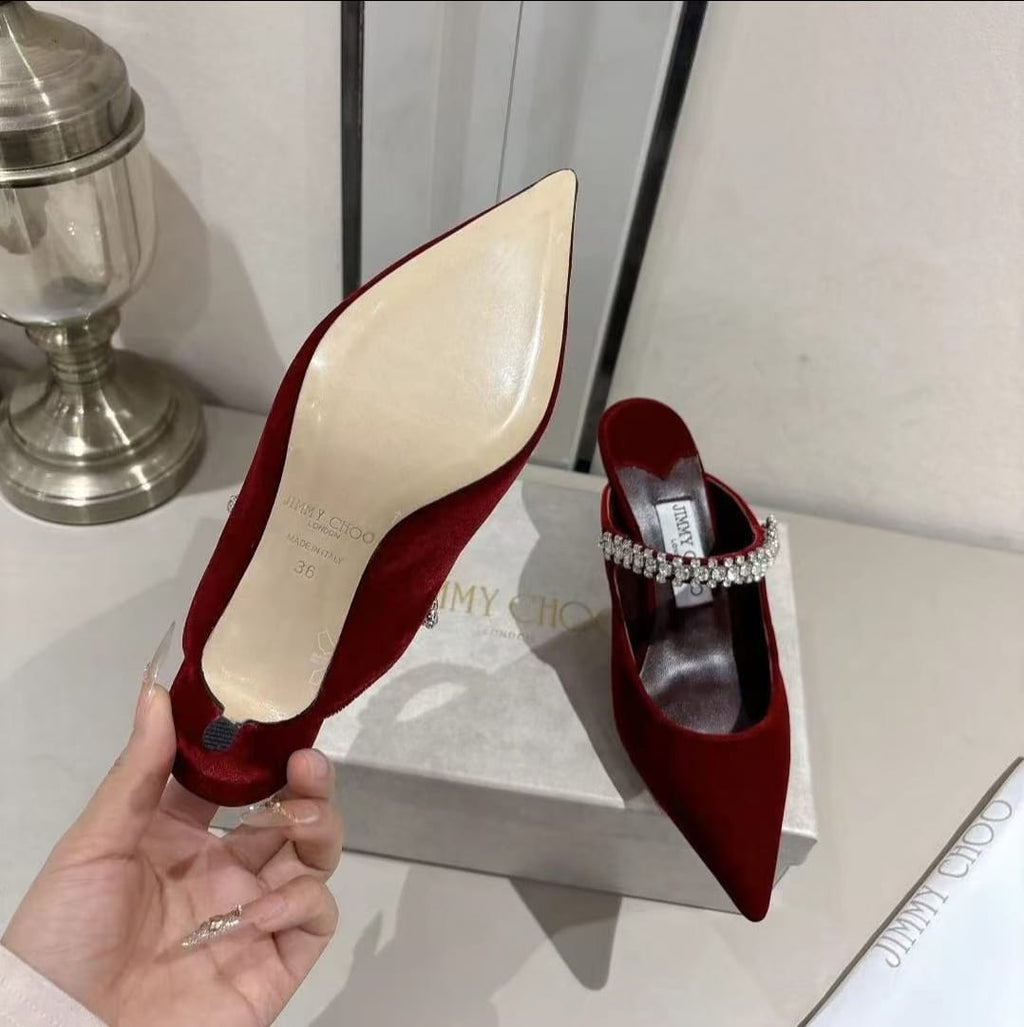 Velvet Rhinestone Strap Pointed-Toe Heeled Sandals | Wedding Mules