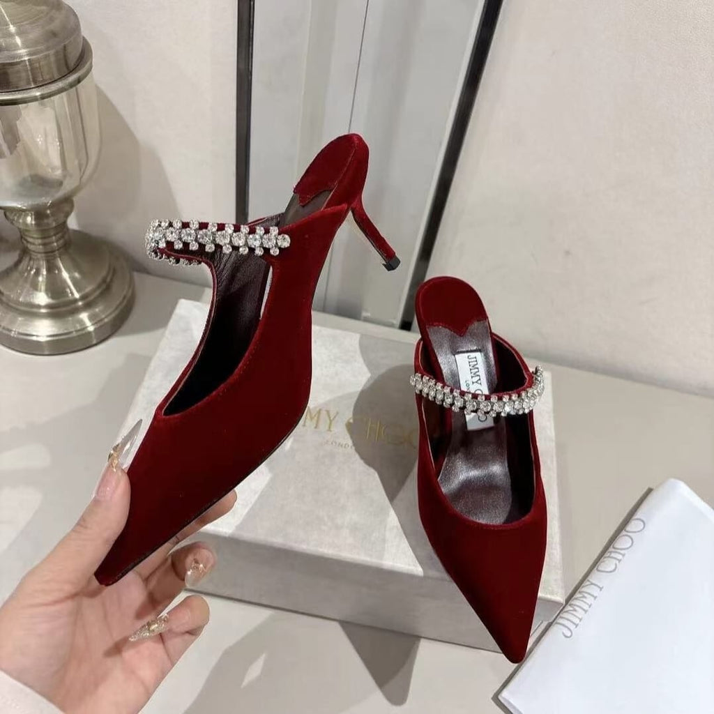 Velvet Rhinestone Strap Pointed-Toe Heeled Sandals | Wedding Mules