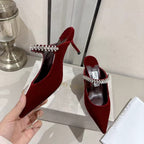 Velvet Rhinestone Strap Pointed-Toe Heeled Sandals | Wedding Mules