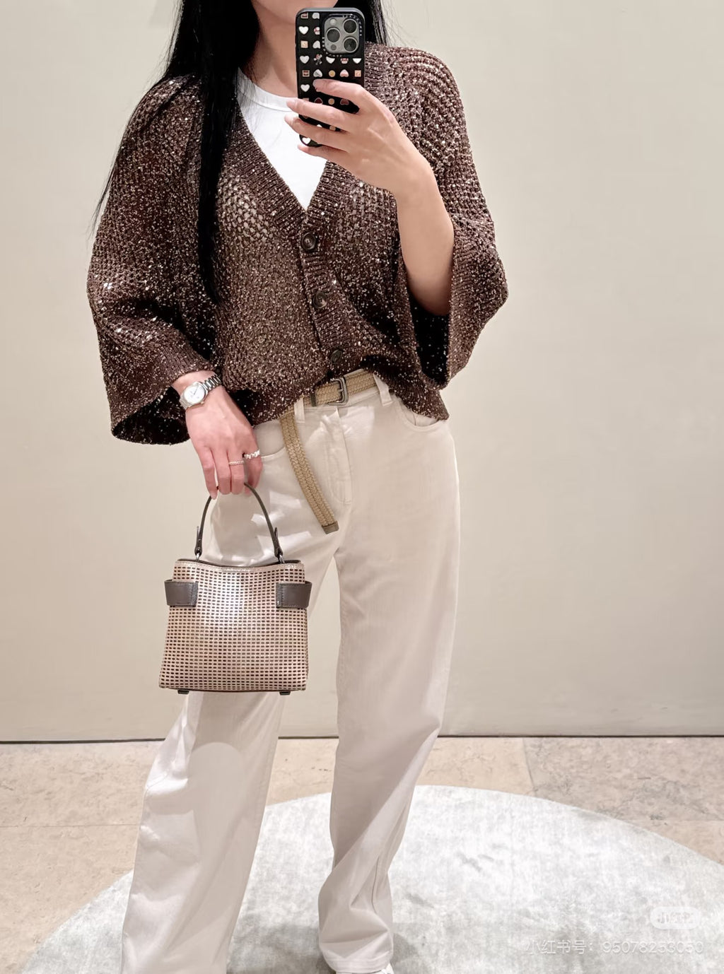 Open-Knit Sequin V-Neck Cashmere Blend Cardigan | 1480370