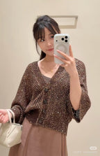 Open-Knit Sequin V-Neck Cashmere Blend Cardigan | 1480370