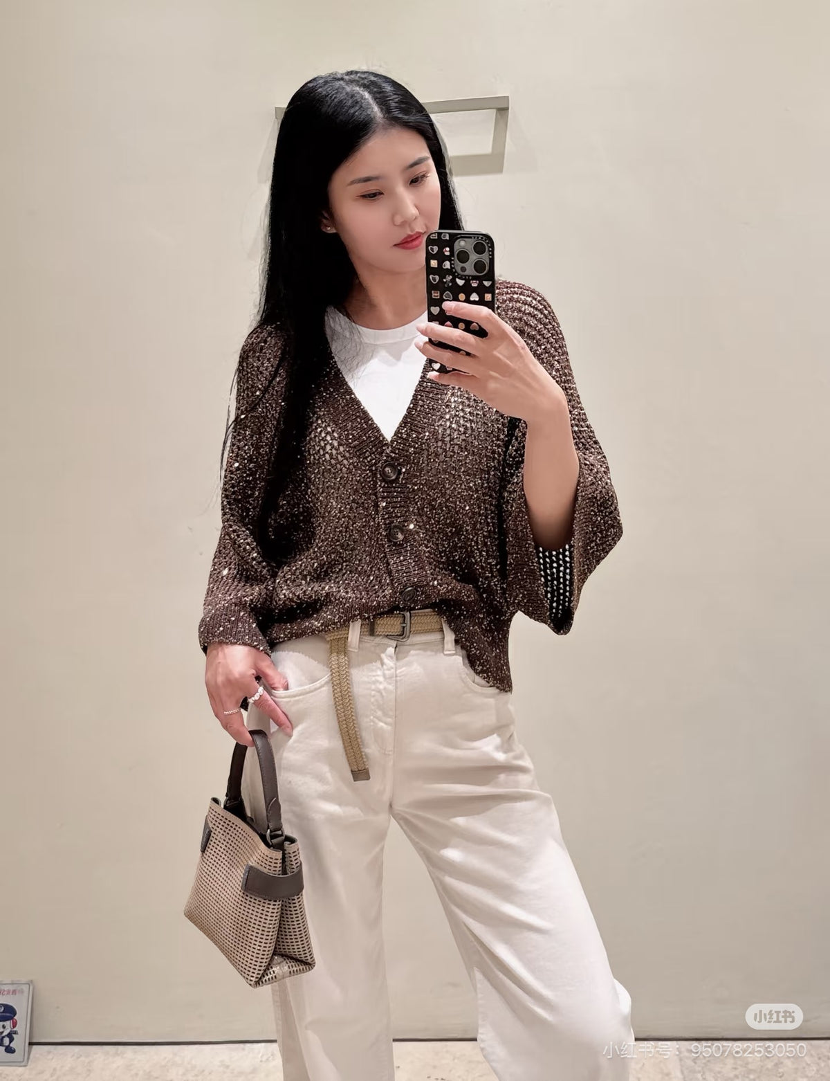 Open-Knit Sequin V-Neck Cashmere Blend Cardigan | 1480370