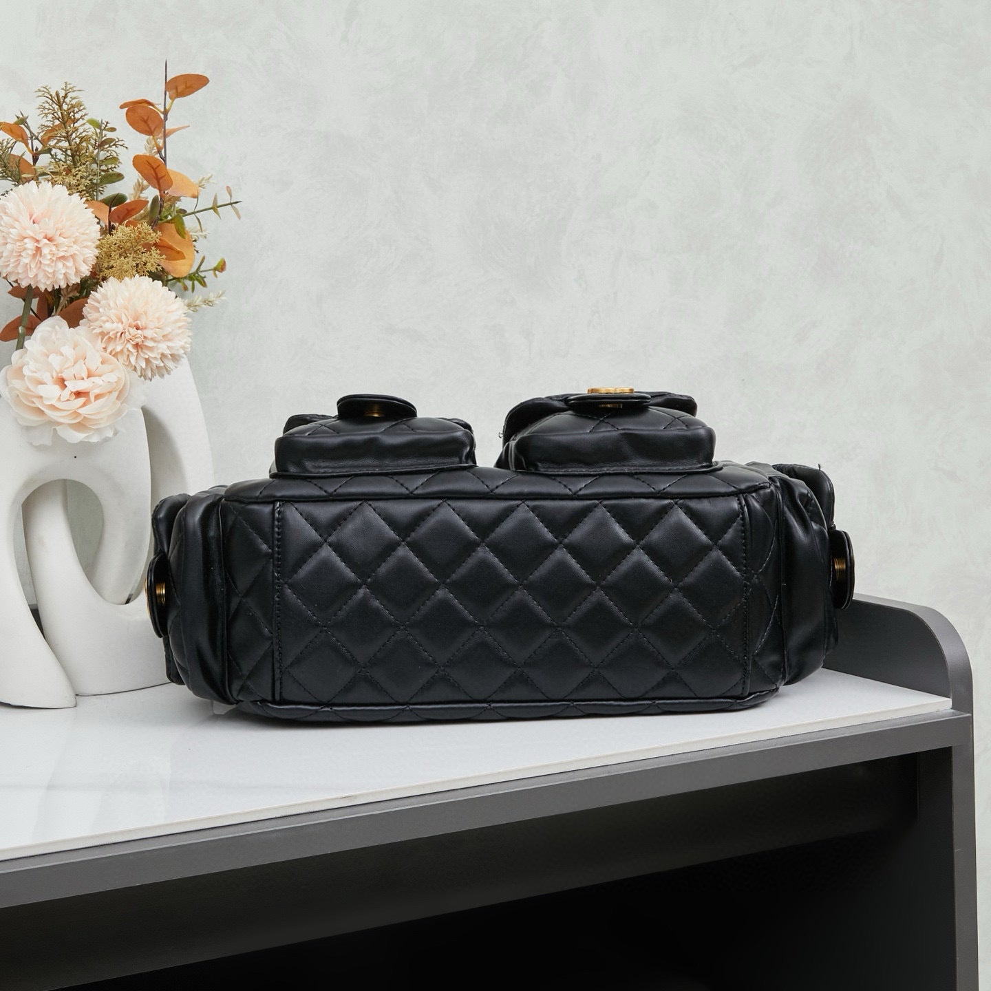 Quilted Leather Multi-Pocket Hobo Bag