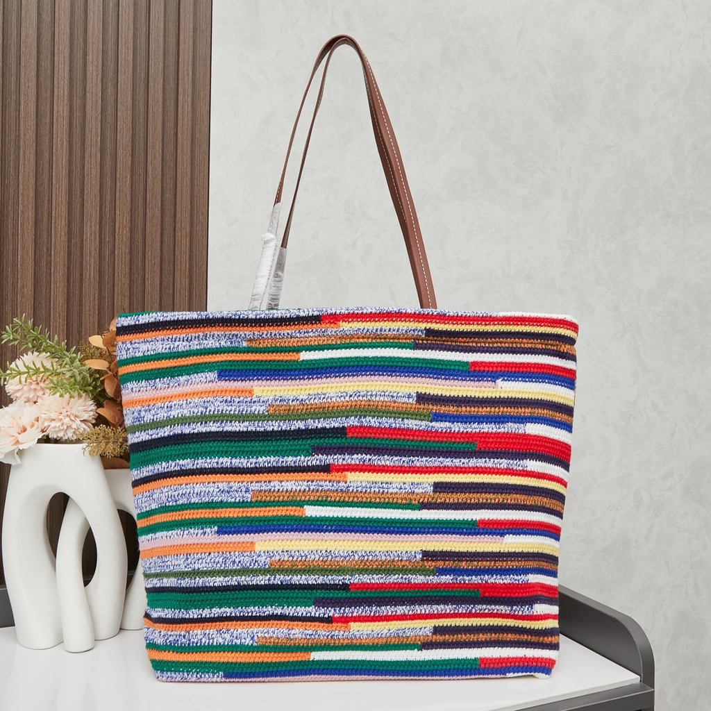 Handwoven Rainbow Embroidered Raffia Tote Bag