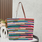 Handwoven Rainbow Embroidered Raffia Tote Bag