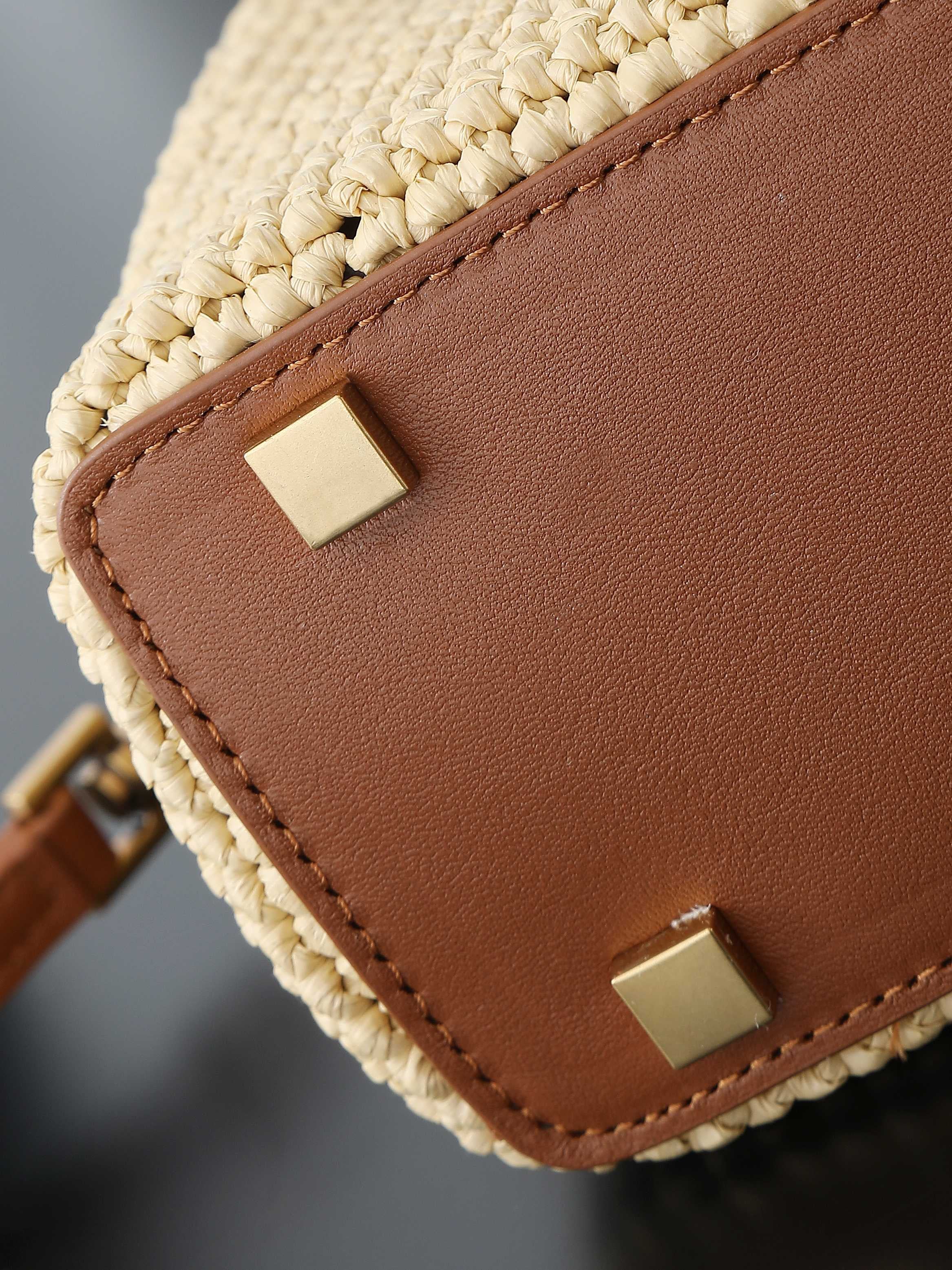 Raffia Woven Bucket Bag | Beige | Calfskin Trim (Premium quality)