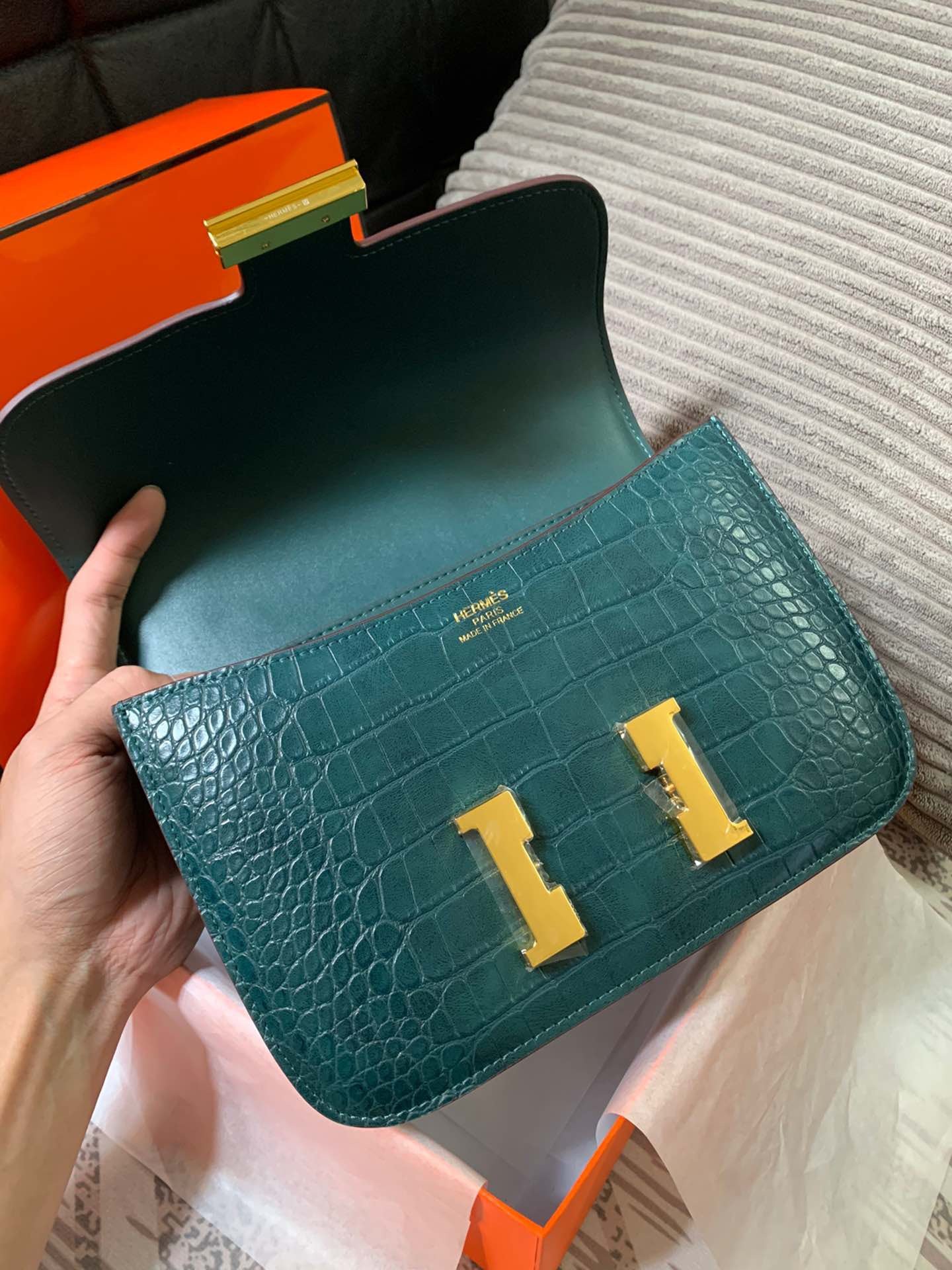 Crocodile-Patterned H*r*m Bag from the Constance Collection