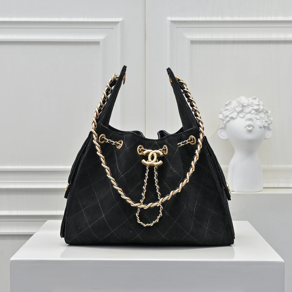 Quilted Hobo Bucket Bag — Vintage Black &amp; Gold