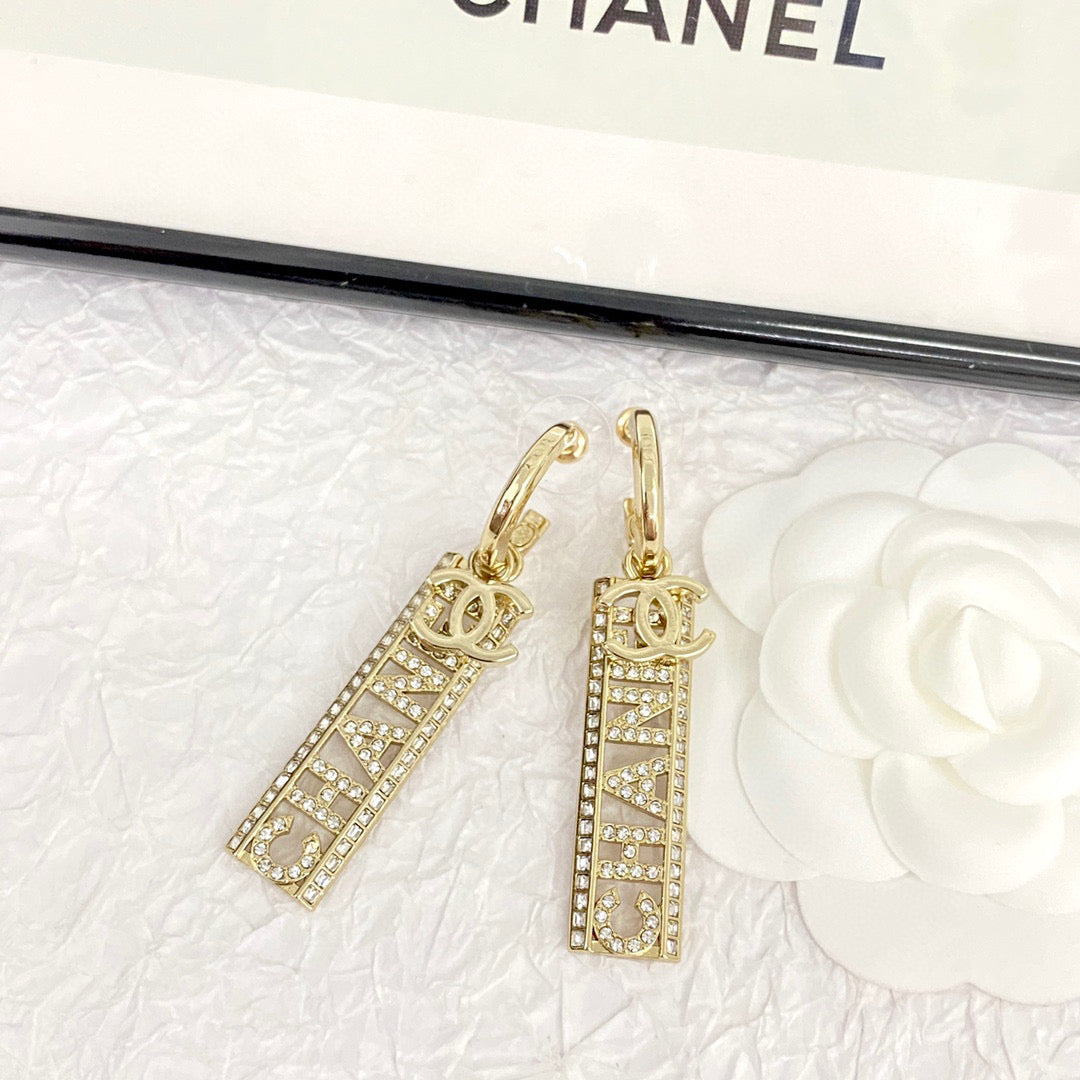 CHA*NE*L 23 Full Diamond Hollow Letter Earrings