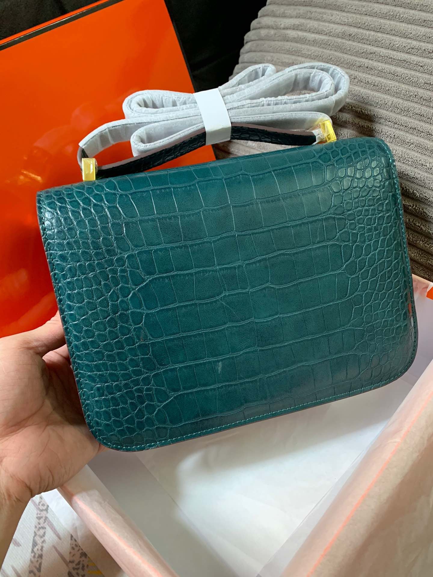 Crocodile-Patterned H*r*m Bag from the Constance Collection