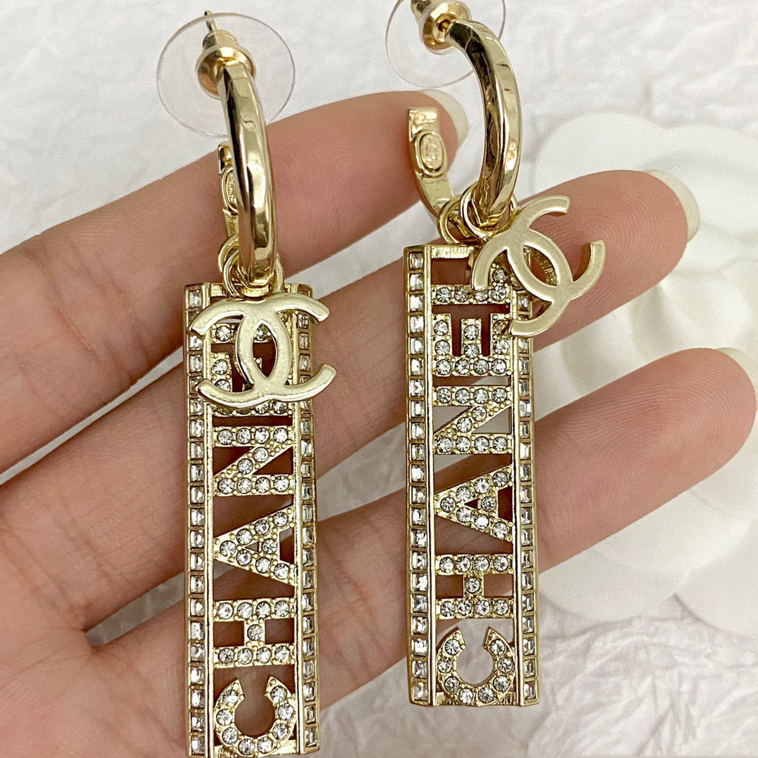 CHA*NE*L 23 Full Diamond Hollow Letter Earrings