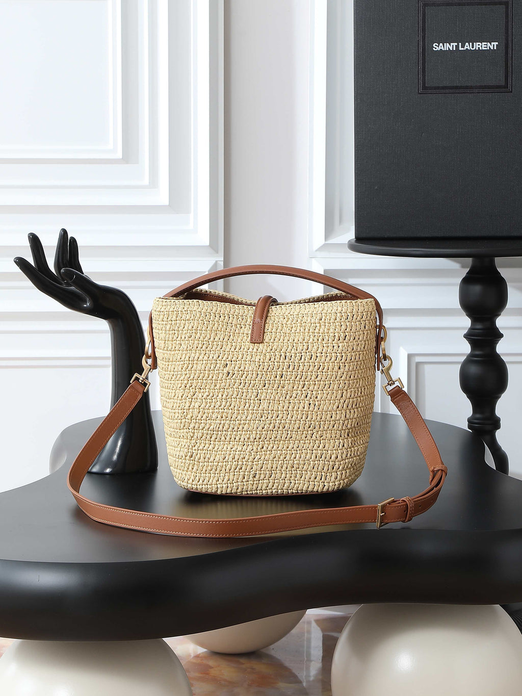 Raffia Woven Bucket Bag | Beige | Calfskin Trim (Premium quality)