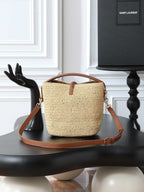 Raffia Woven Bucket Bag | Beige | Calfskin Trim (Premium quality)