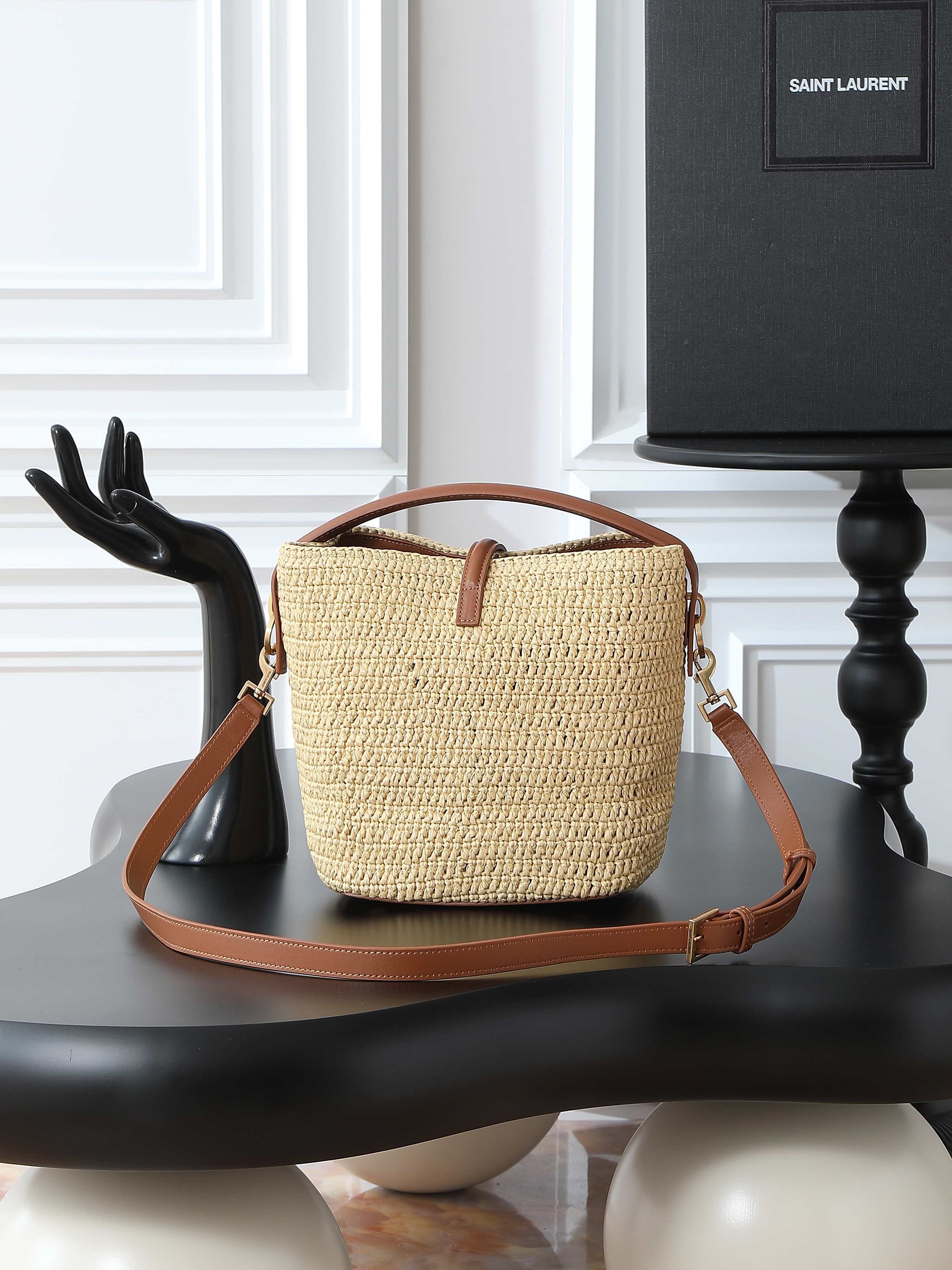 Raffia Woven Bucket Bag | Beige | Calfskin Trim (Premium quality)