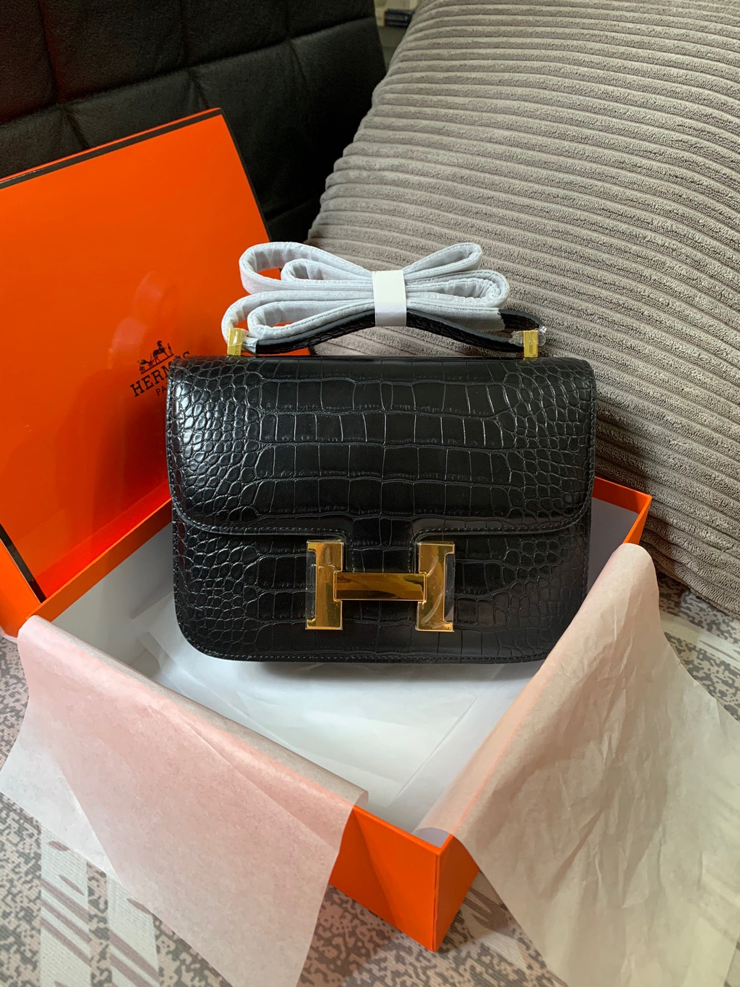 Crocodile-Patterned H*r*m Bag from the Constance Collection