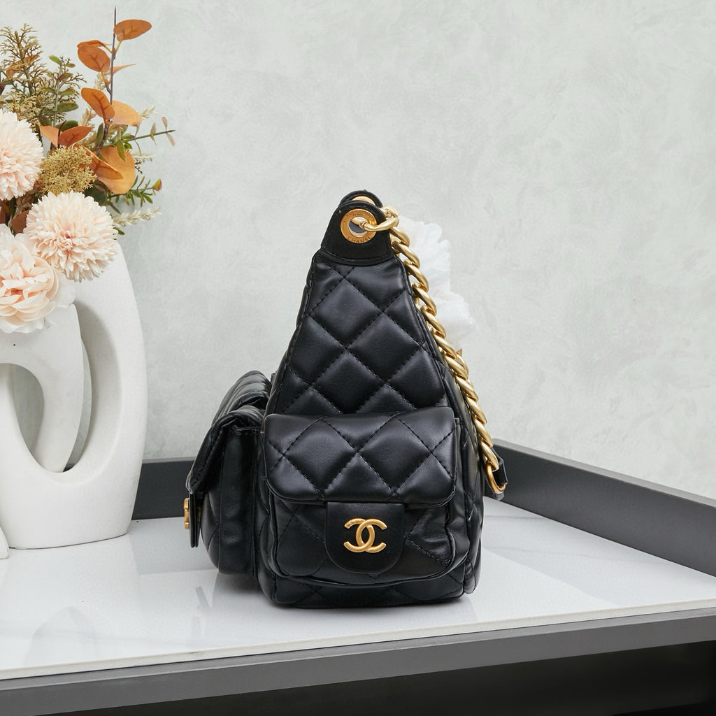 Quilted Leather Multi-Pocket Hobo Bag