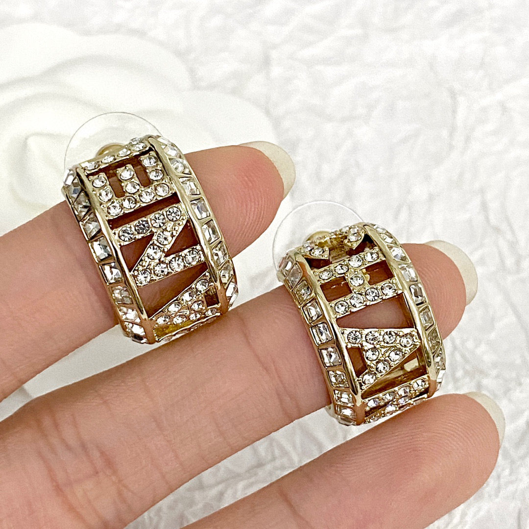 Cha*ne*l 23 Full Diamond Hollow Letter CC Earrings