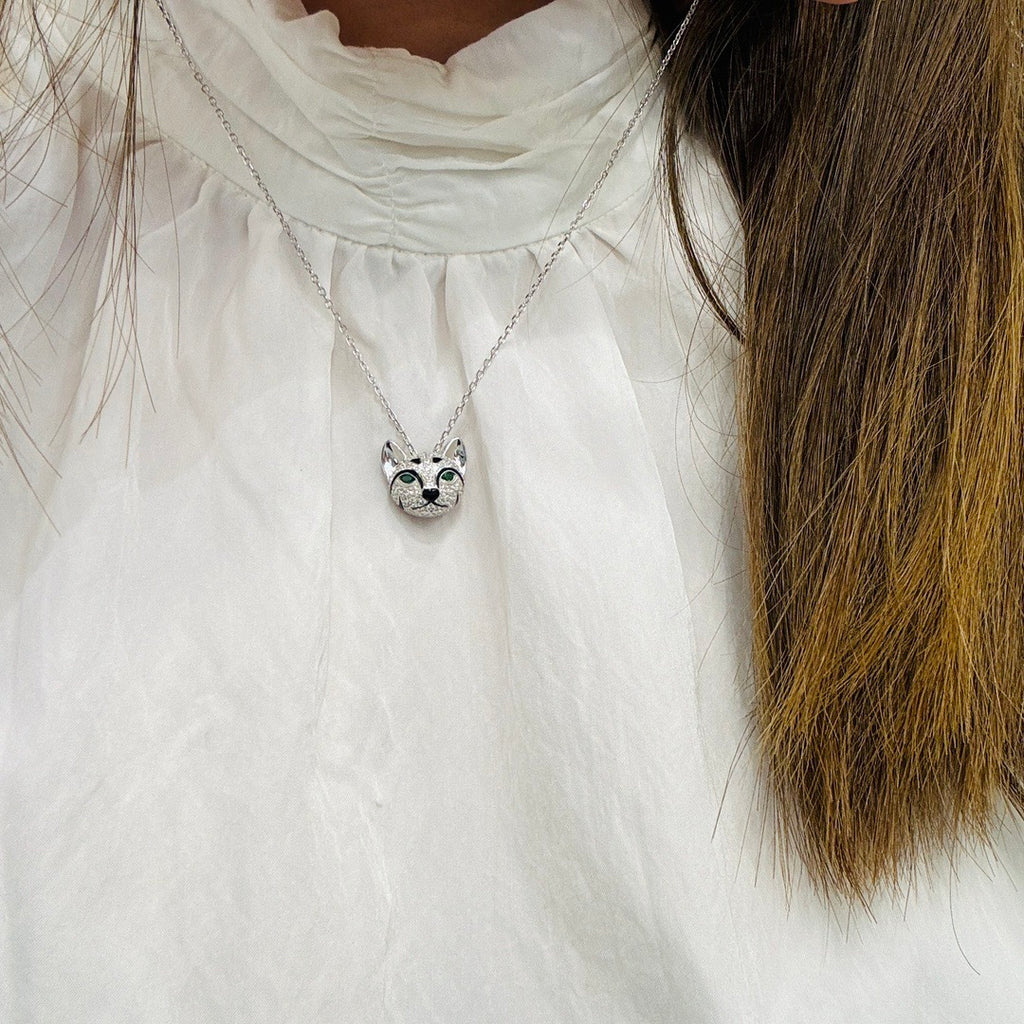 Cat Fine Jewelry Necklace | Tsavorite &amp; Sapphire | 925 Silver & 18K Gold