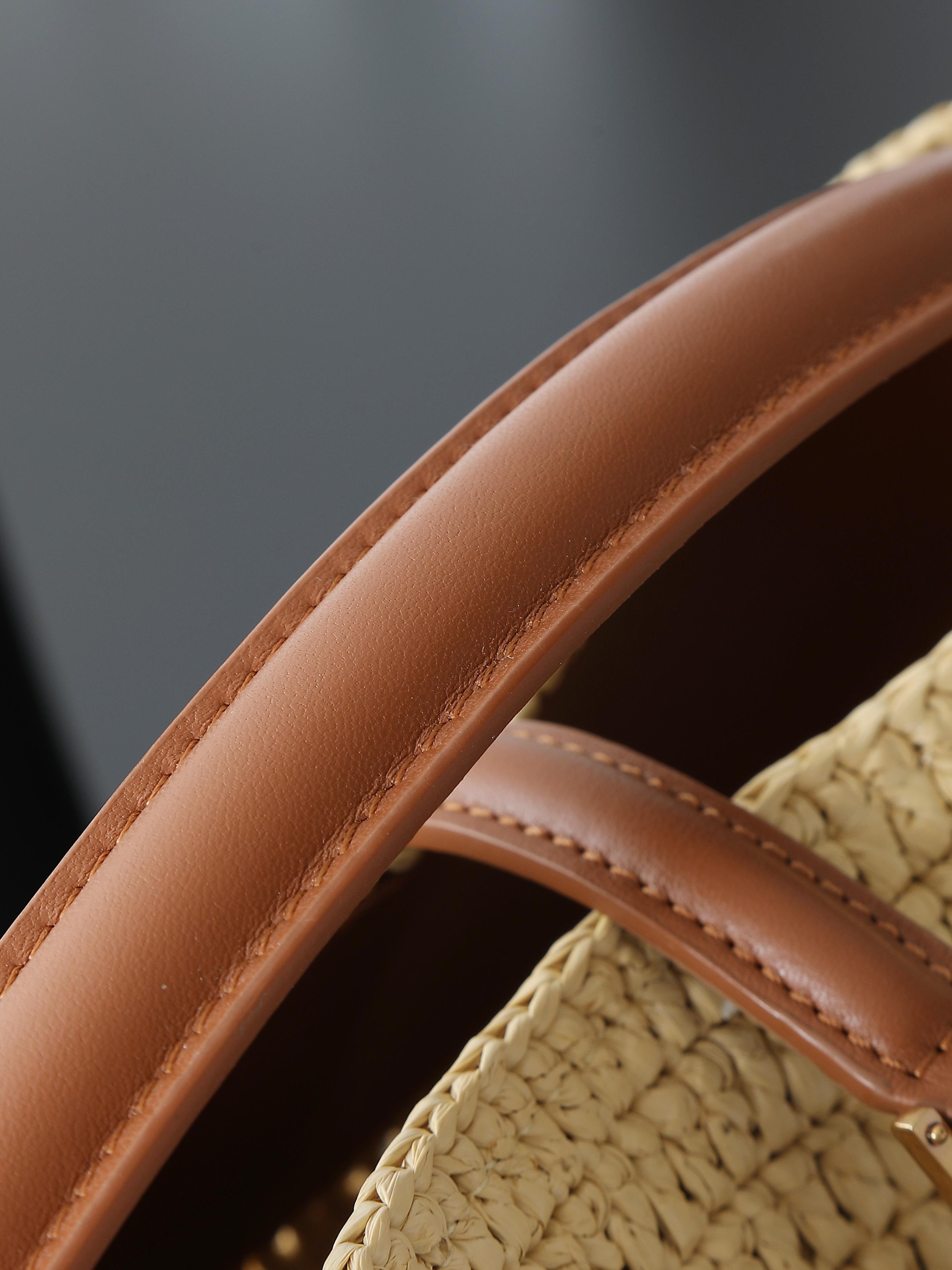 Raffia Woven Bucket Bag | Beige | Calfskin Trim (Premium quality)