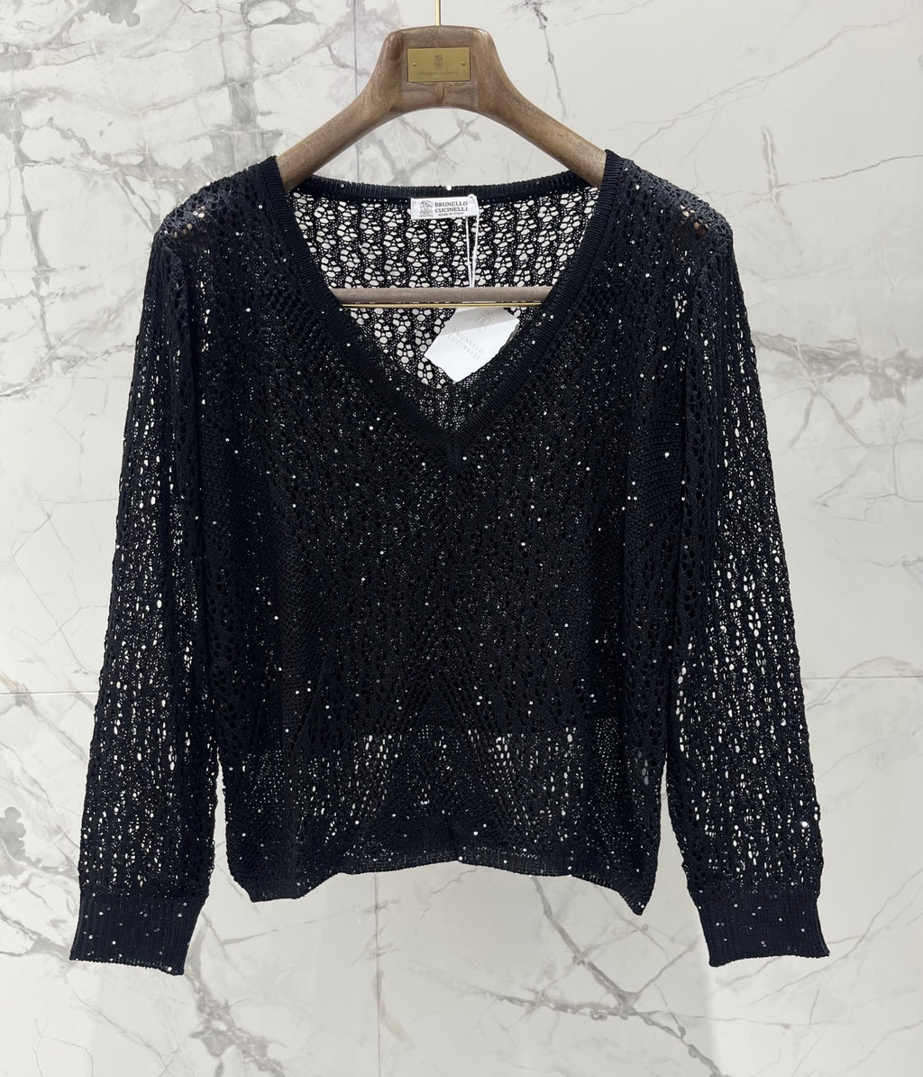 Open-Knit Sequin Faux Two-Piece Sweater