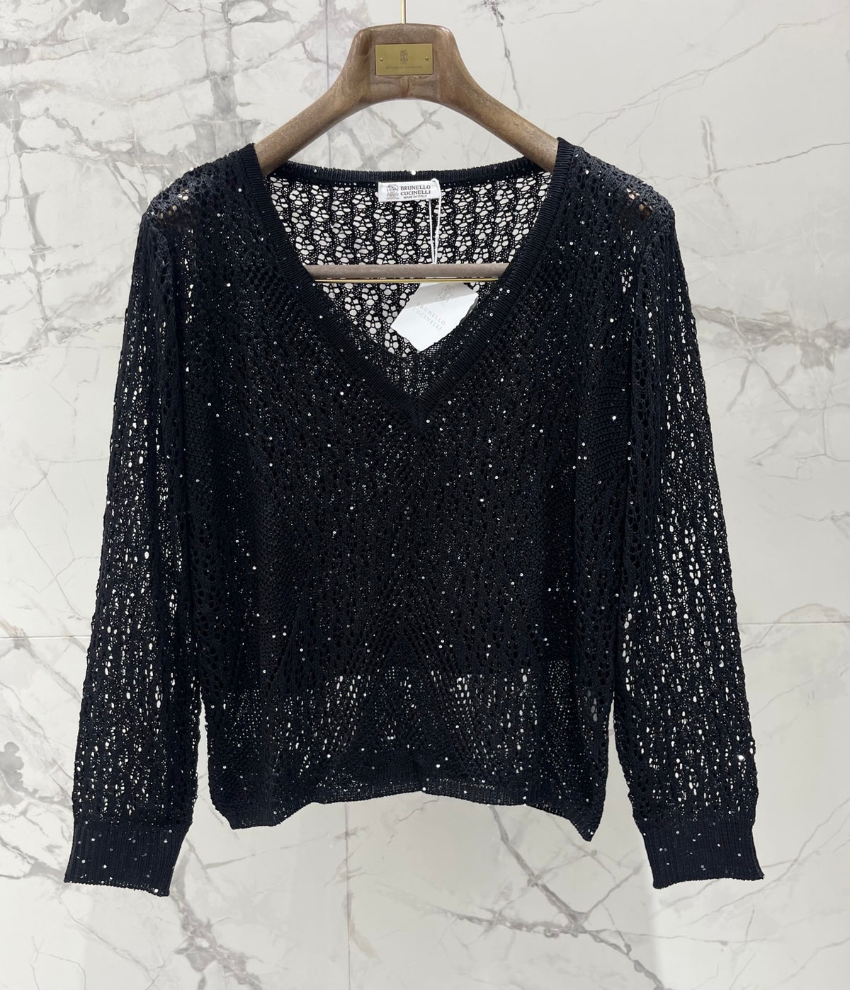 Open-Knit Sequin Faux Two-Piece Sweater