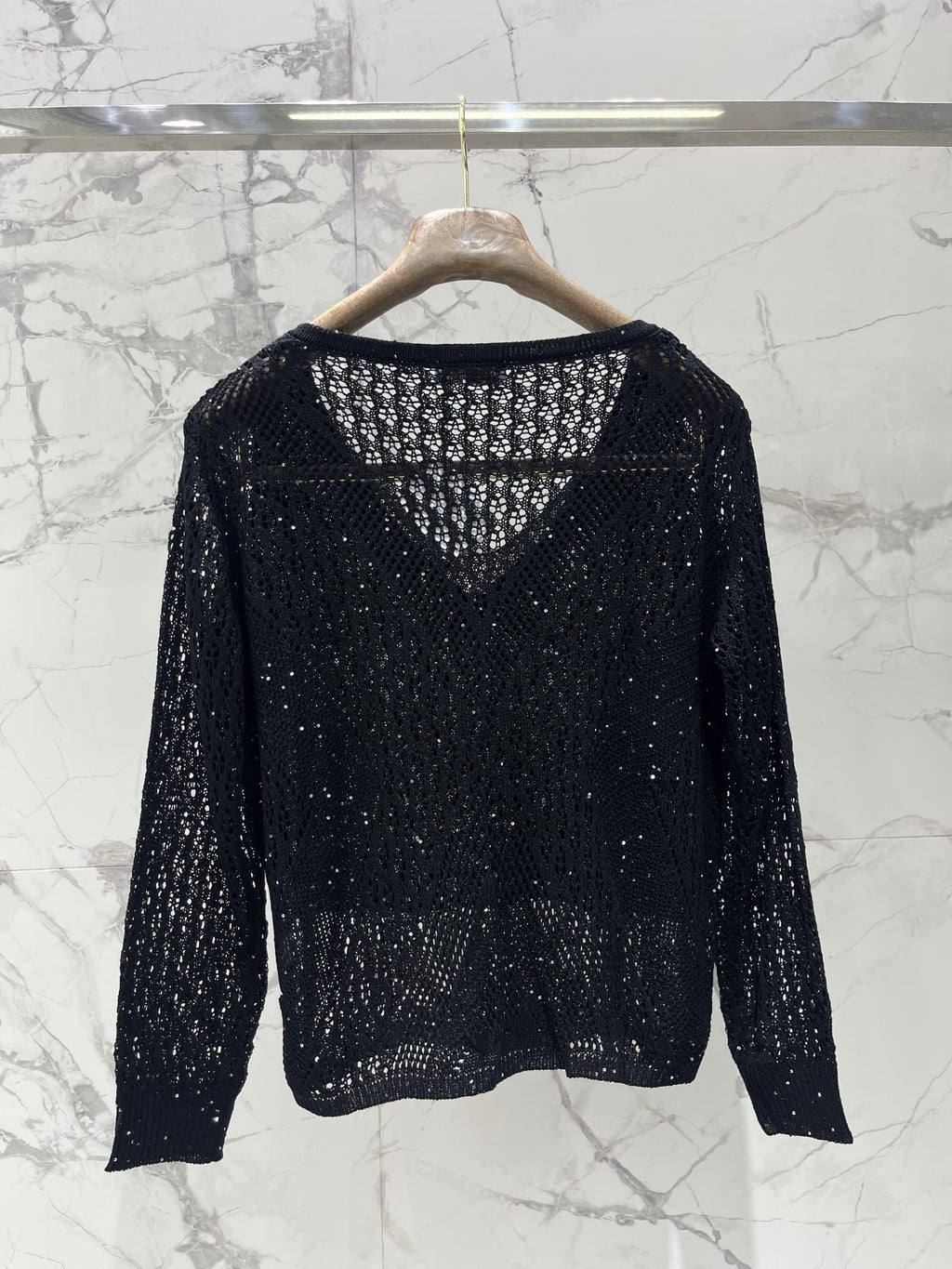 Open-Knit Sequin Faux Two-Piece Sweater