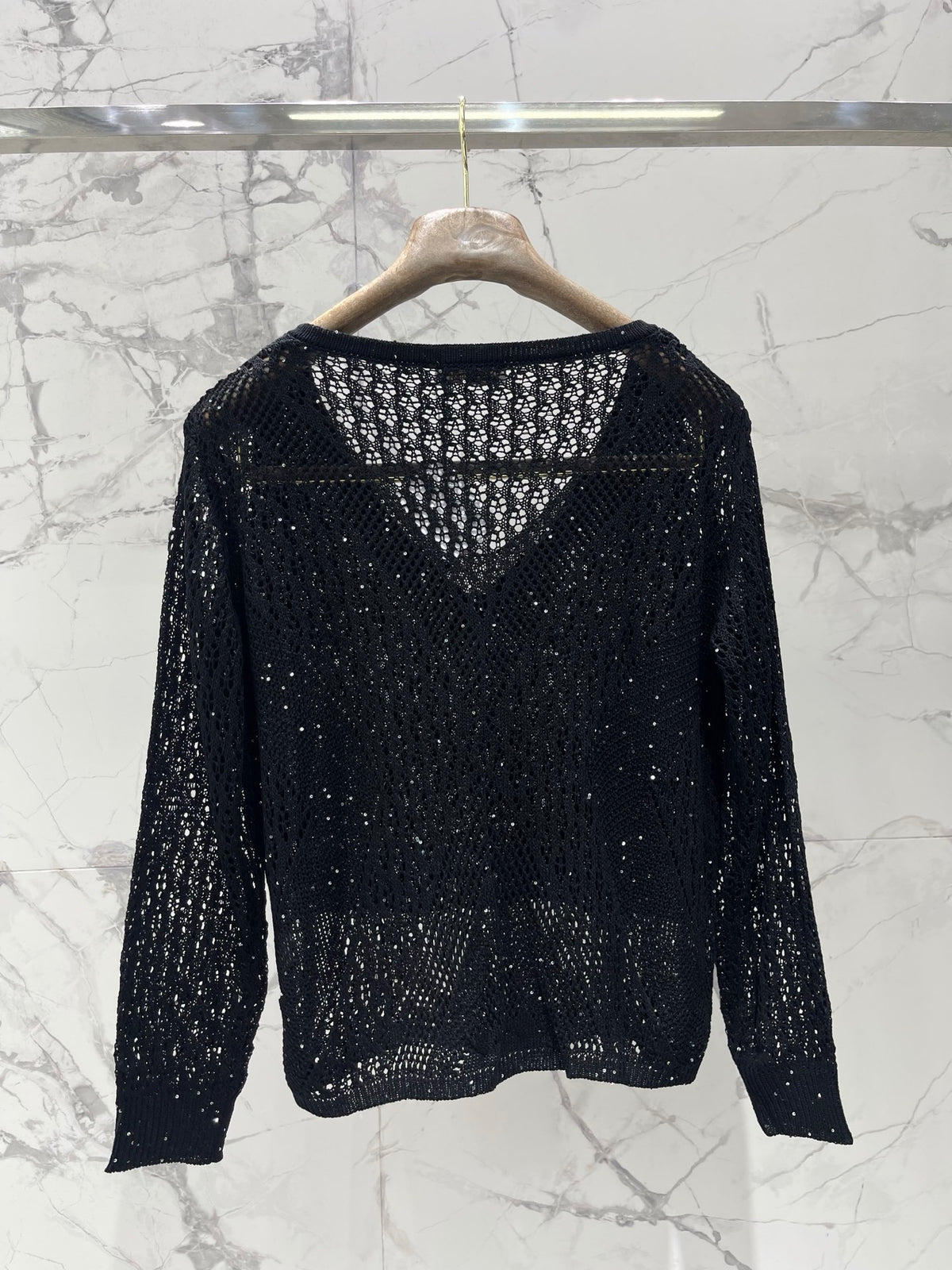 Open-Knit Sequin Faux Two-Piece Sweater