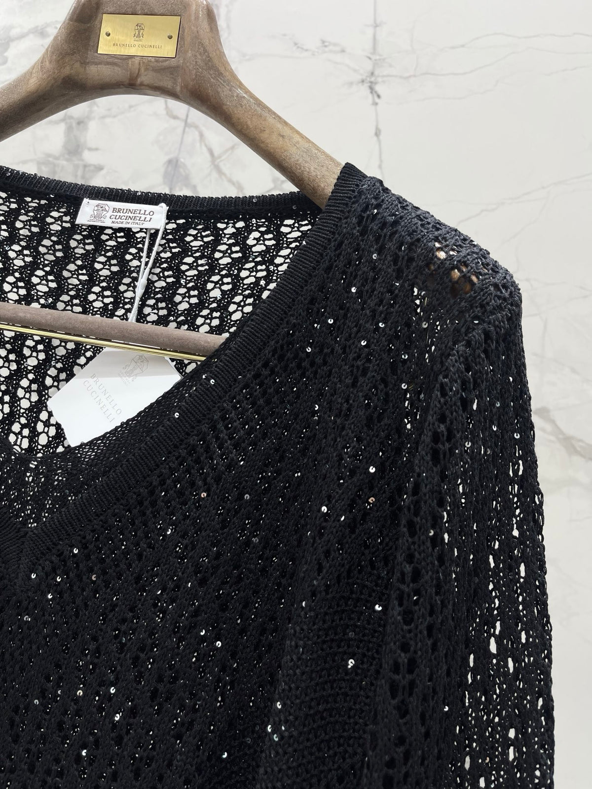 Open-Knit Sequin Faux Two-Piece Sweater