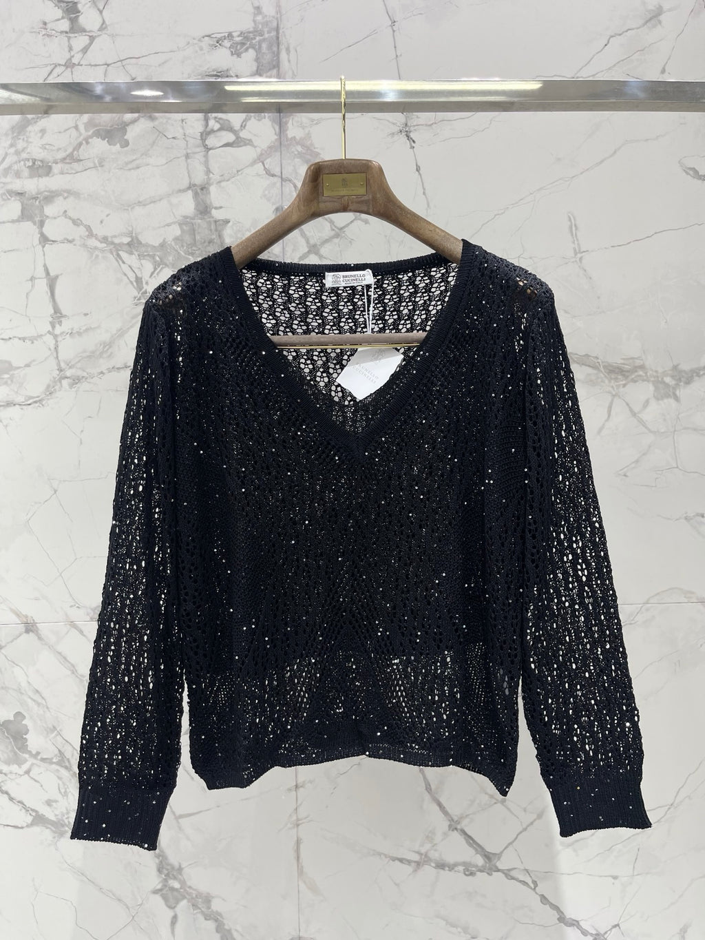 Open-Knit Sequin Faux Two-Piece Sweater