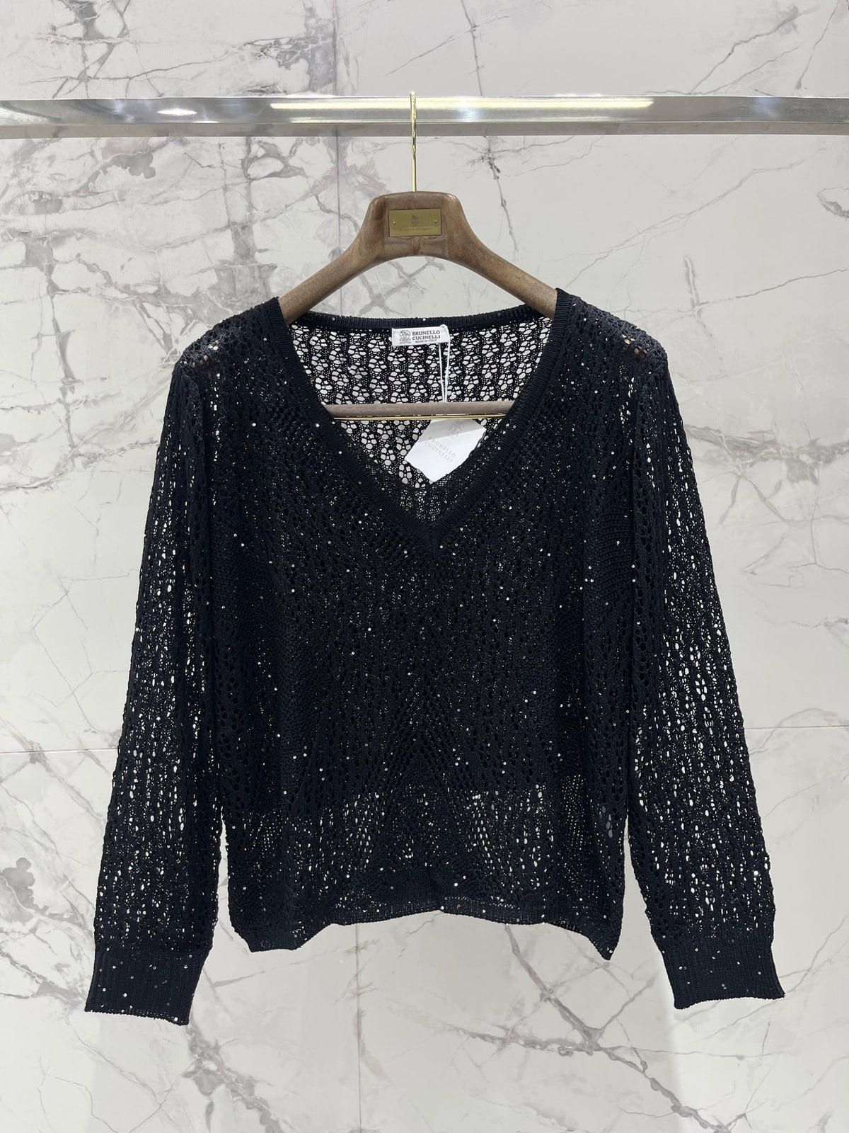 Open-Knit Sequin Faux Two-Piece Sweater